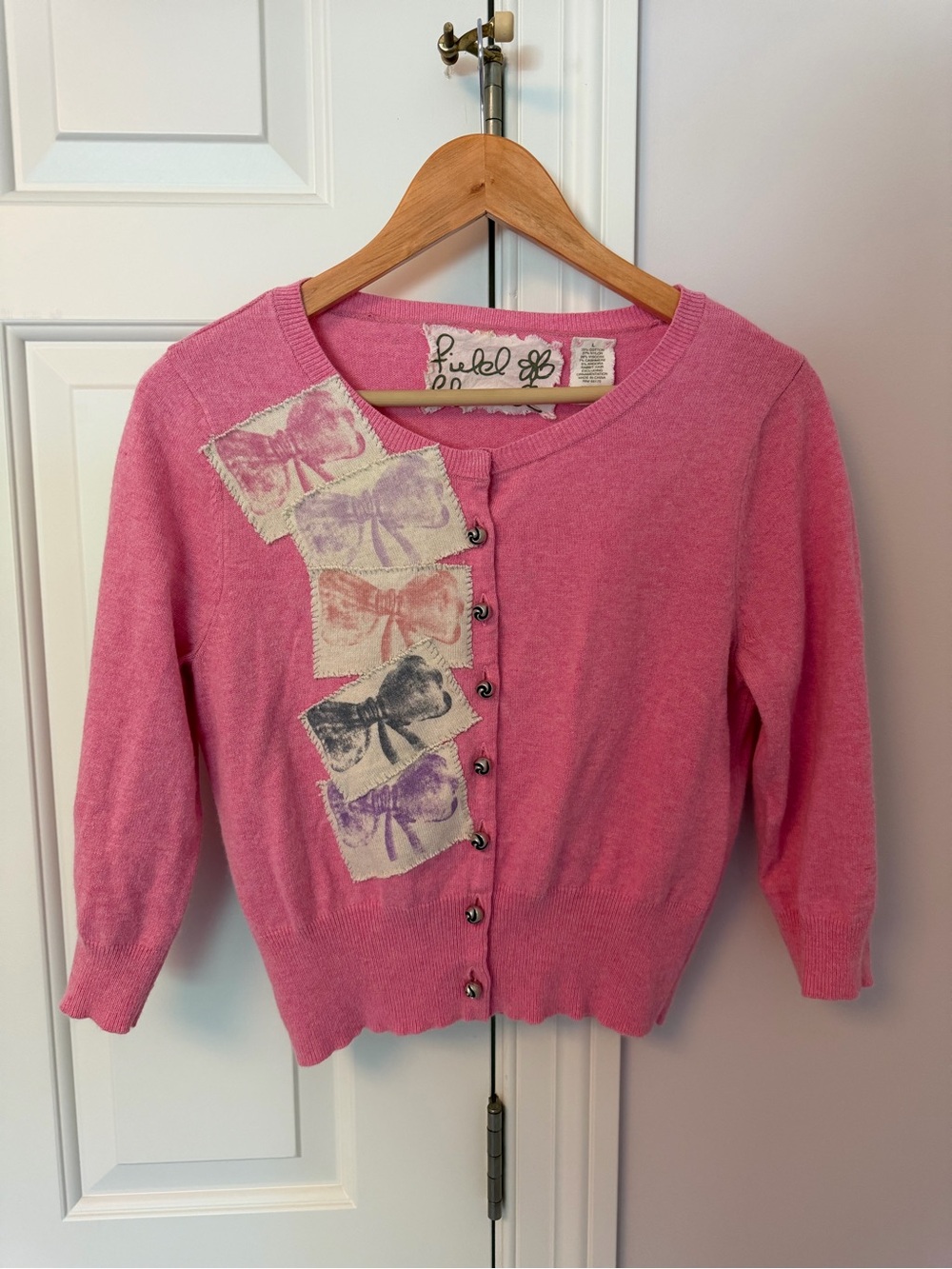 🎀 Anthropologie Field Flower Pink Bow Patch Knit Cardigan